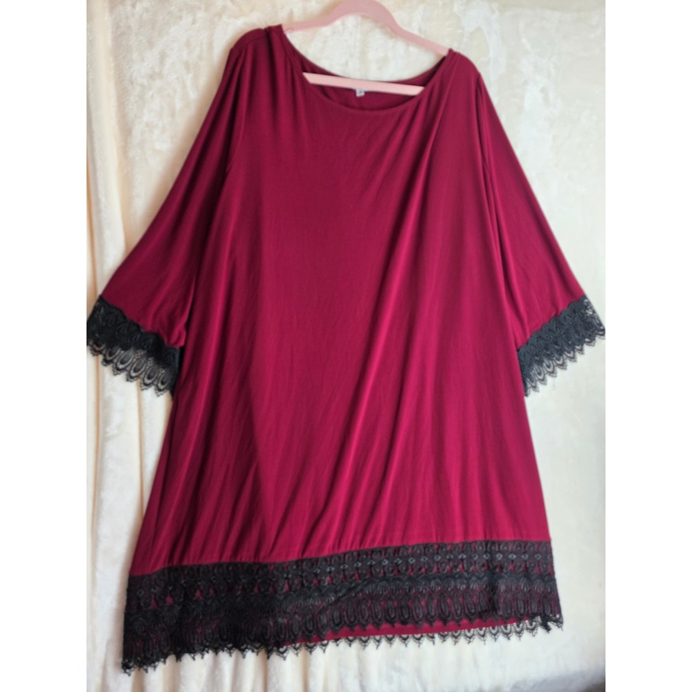 Fleur and Stone Womens 3X Burgundy Lace Trim 3/4 Sleeve Tunic Dress Made‎ USA